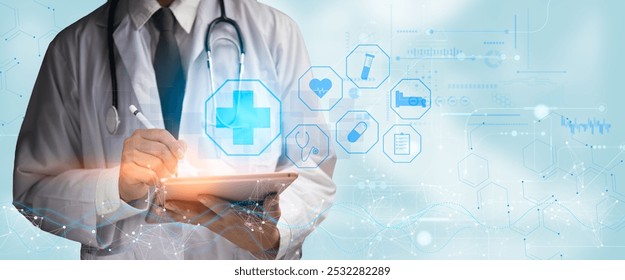 Doctor using tablet surrounded by futuristic medical icons, symbolizing digital healthcare innovation. Great for medical tech, telemedicine, and healthcare analytics.