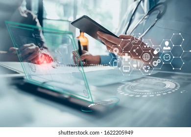 Doctor using tablet with technological digital futuristic virtual interface, Innovative technology in science and medicine concept, Double exposure.