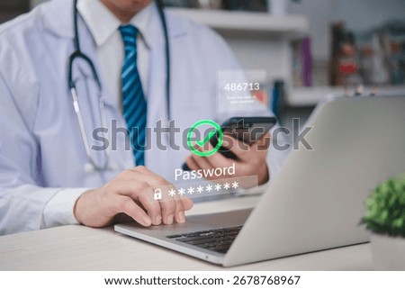 Doctor using two factor authentication on laptop with OTP code and password verification on smartphone, concept of cybersecurity, secure medical data access, and healthcare privacy protection.