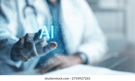 Doctor using virtual AI interface in medical environment. Concept of artificial intelligence in healthcare, digital diagnosis, medical research, smart technology, and innovative patient solutions.