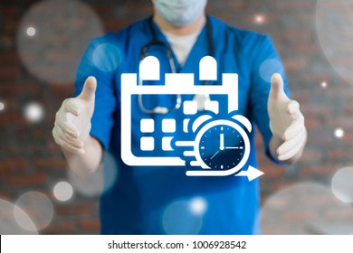 Doctor Using Virtual Interface Offers Calendar And Clock Icon. Medicine Time Management. Strategic Plan Agile Development Health Care Concept.