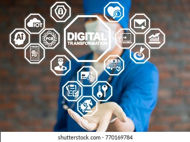 Doctor using virtual interface offers digital transformation text icon. Binary Digital Computing Innovation Transformation Integration Smart Hospital concept.