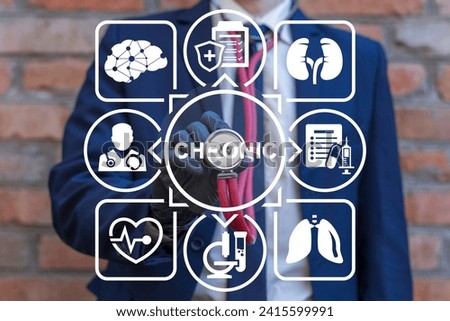 Doctor using virtual interface sees word: CHRONIC. Chronic disease management medical concept. Chronic Illness.