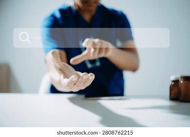 Doctor using a virtual search interface for telemedicine, digital healthcare, online medical consultation, health technology, remote care