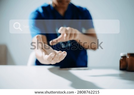 Doctor using a virtual search interface for telemedicine, digital healthcare, online medical consultation, health technology, remote care