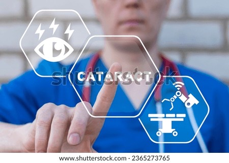 Doctor using virtual touch interface presses word: CATARACT. Healh care concept of cataract modern surgery.