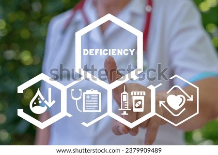 Doctor using virtual touch interface presses word: DEFICIENCY. Deficiency medical concept. Vitamin deficiency. Inadequate nutrition. Health problem. Mineral malnutrition.