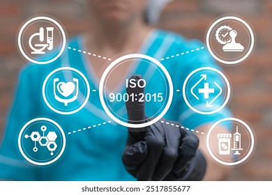Doctor using virtual touch screen presses text: ISO 9001:2015. Healthcare international quality standards. ISO 9001:2015 standard certification standardization quality control medical concept.