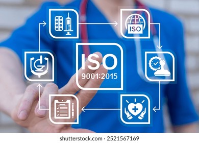 Doctor using virtual touch screen presses inscription: ISO 9001:2015. Health care international quality standards. ISO 9001:2015 standard certification standardization quality control medical concept.