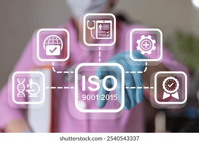 Doctor using virtual touch screen presses inscription: ISO 9001:2015. Health care international quality standards. ISO 9001:2015 standard certification standardization quality control medical concept.