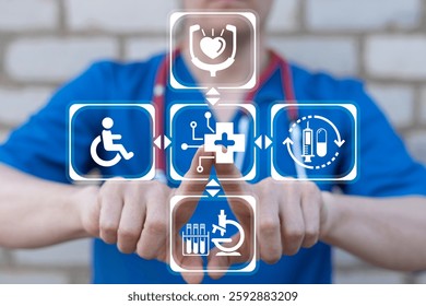 Doctor using virtual touch screen push button of medicine pharmacy cross with electronic circuit symbolizing concept: MED TECH. Med Tech Medical Health Care Technology concept. MEDTECH Innovation.