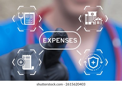 Doctor using virtual touch screen push text: EXPENSES. Expenses Medicine Health Care Insurance Concept.