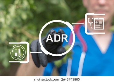 Doctor using virtual touch screen push text: ADR. ADR Adverse Drug Reaction Healthcare Pharmacy Education concept. Pills side effects.