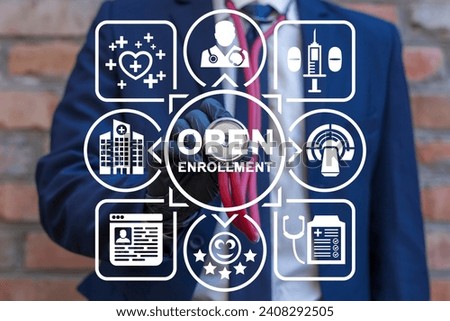 Doctor using virtual touch screen sees inscription: OPEN ENROLLMENT. Open Enrollment Medical concept. Open Enrollment 2024.
