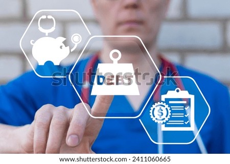 Doctor using virtual touch screen clicks debt icon: burden of weight. Medical Debt Hospital Bills Overdue Default Payment Concept. Health care financial checkup or saving for medical insurance costs.