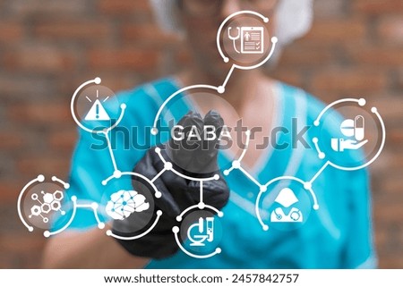 Doctor using virtual touch screen presses abbreviation: GABA. Gamma-Aminobutyric Acid ( GABA ) Medical Psychological Concept.