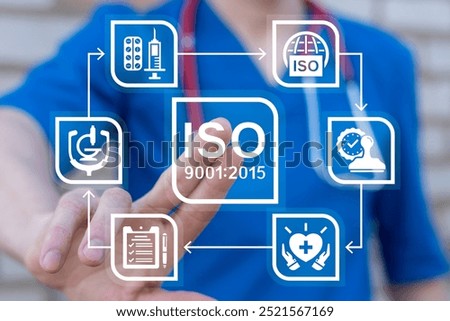 Doctor using virtual touch screen presses inscription: ISO 9001:2015. Health care international quality standards. ISO 9001:2015 standard certification standardization quality control medical concept.