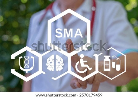 Doctor using virtual touch screen push on abbreviation: SMA. SMA Spinal Muscular Atrophy Health care Concept. Genetic defect SMA.
