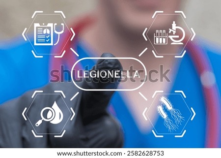 Doctor using virtual touch screen push text: LEGIONELLA. Legionella test health care concept. Legionella pneumophila bacteria in human lungs diagnosis - causative agent of legionnaire's disease.