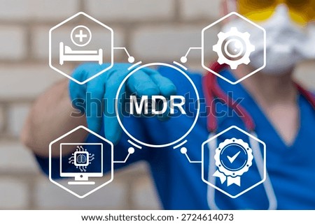Doctor using virtual touch screen presses the text MDR. MDR - Medical Device Regulation Concept.