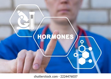 Doctor Using Virtual Touchscreen Presses Word: HORMONES. Concept Of Hormone Balance. Hormonal Therapy. Hormones Treatment Medical Innovation.