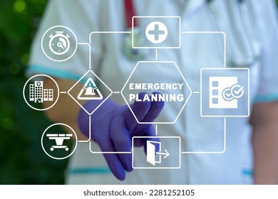 Doctor using virtual touchscreen presses inscription: EMERGENCY PLANNING. Emergency plan medical concept. Emergency preparedness planning of the clinic. Evacuation Training. - Powered by Shutterstock