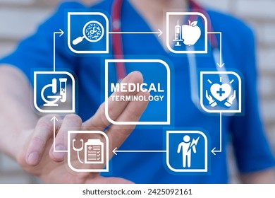 Doctor using virtual touchscreen presses inscription: MEDICAL TERMINOLOGY. Medicine terms Concept. Medical Terminology Healthcare Education Science.