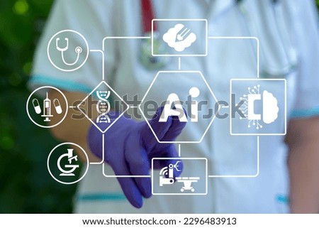 Doctor using virtual touchscreen presses icon: AI. Concept of AI, IT, IOT, web, big data, automation, computer health care integration. Artificial intelligence modernization medical technology.