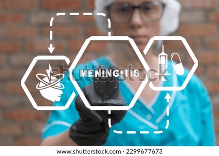 Doctor using virtual touchscreen presses word: MENINGITIS. Headache, meningitis and migraine concept. Meninges anatomy. Brain viral infection, inflammation. Protecting of central nervous system.