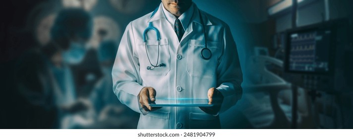 Doctor Utilizing Advanced Digital Tablet Technology in Modern Healthcare. Medical Professional in Operating Room Analyzing Real-Time Patient Data, Cutting-Edge Medical Innovations and solutions. - Powered by Shutterstock