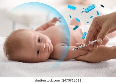 Doctor vaccinating baby to induce immunity surrounded by viruses indoors - Powered by Shutterstock