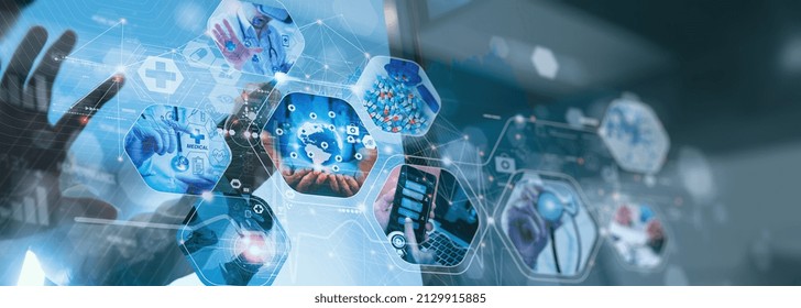 Doctor With Virtual Globe  Healthcare Network Connection Concept.Science And Medical Innovation Technology Future Sustainable Smart Services And Solutions In Global Research Networks.