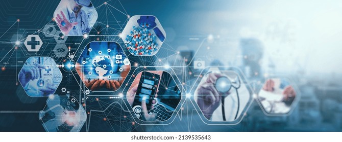 Doctor With Virtual Globe  Healthcare Network Connection Concept.Science And Medical Innovation Technology Future Sustainable Smart Services And Solutions In Global Research Networks.