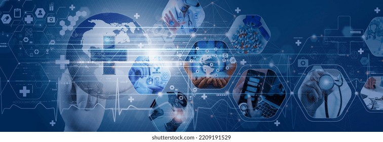 Doctor With Virtual Globe  Healthcare Network Connection Concept.Science And Medical Innovation Technology Future Sustainable Smart Services And Solutions In Global Research Networks.