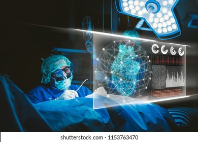 Doctor with virtual reality in operation room in hospital.Surgeon analyzing patient heart testing result and human anatomy on technological digital futuristic virtual interface,digital holographic. - Powered by Shutterstock