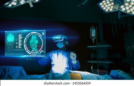 Doctor with virtual reality in operation room in hospital.Surgeon analyzing patient heart testing result and human anatomy on technological digital futuristic virtual interface,digital holographic.