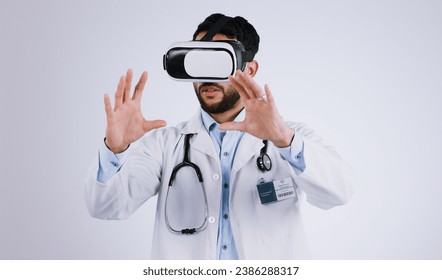 Doctor, vision and virtual reality glasses for medical software, metaverse, futuristic technology and digital experience in studio. Healthcare man with 3d exam, hands and VR on a white background