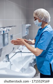 A Doctor Washes His Hands Before Taking A Patient. Cleaning Hands Of Viruses In Bacteria, Fighting The Virus, Covid 19