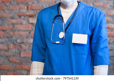 Doctor Wear Blank White Vertical Identification Badge Mockup. Medicine Name Tag On Neck And Chest. Health Care Person Identity Label. Man In A Medical Uniform With Empty Id Card Mock Up.