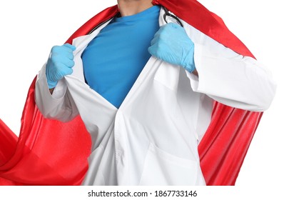 Doctor Wearing Cape On White Background, Closeup. Super Hero Power For Medicine