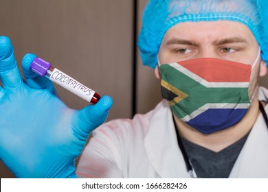 Doctor Wearing Face Mask With Flag South Africa Holding A Positive Blood Test Result For The New Rapidly Spreading Coronavirus