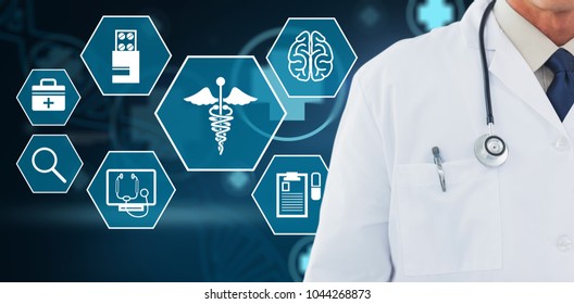 Doctor wearing lab coat against digital background with dna helix and emergency sign - Powered by Shutterstock - Get 15% off with code: PIKWIZARD15