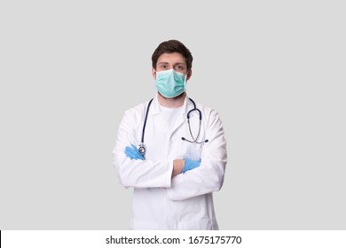Doctor Wearing Medical Mask and Gloves Isolated