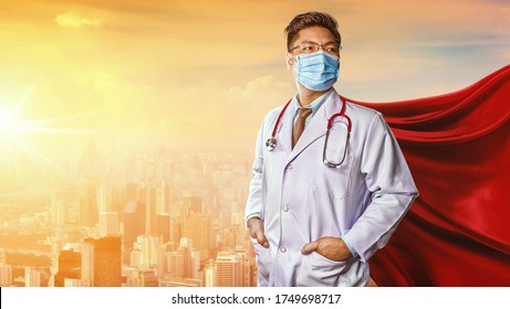 Doctor Wearing Medical Mask . Super Hero Power For Medicine. Corona Virus Covid 19
