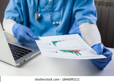 Doctor wearing protective gloves analyzing COVID-19 info data,sitting at office desk with a laptop,Coronavirus global pandemic crisis,medical scientific research showing number of cases  virus spread