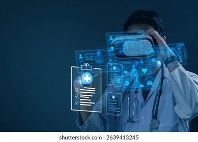 doctor wearing a virtual reality VR headset while interacting with futuristic medical data displays. Concept healthcare technology, AI, and digital transformation in smart hospitals. health records.