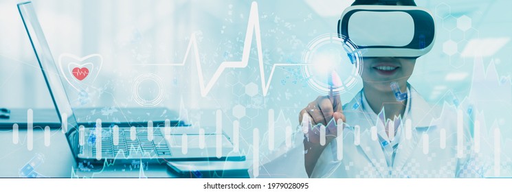 Doctor Wearing Vr Glasses Strategy Medical Business,concept Online Marketing Business Medicine,healthcare,insurance,stock Graph And Diagram,medical Examination Analytics Report,banner Panoramic Header