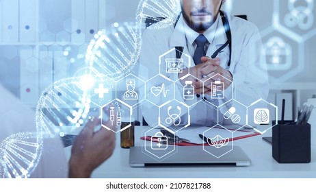 Doctor Wearing White Suit Is Consulting Patient At Workplace. Digital Interface With Icons Of Dna, Syringe, Pills, Mask, Suitcase, Hospital In Foreground. Concept Of Heath Care And Diagnostics