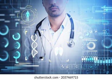 Doctor Wearing White Suit Is Standing In Front Of Digital Interface With Icons Of Dna, Tooth, Lungs, Heart, Brain, Stomach, Bones, Bacteria, Pills In Foreground. Concept Of Heath Care And Diagnostics