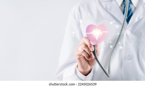 Doctor in white coat holding heartbeat icon for positive healthcare insurance symbol concept, Mental health care, medical check up, heart attack, cardiology, help from specialist concept. - Shutterstock ID 2245026539